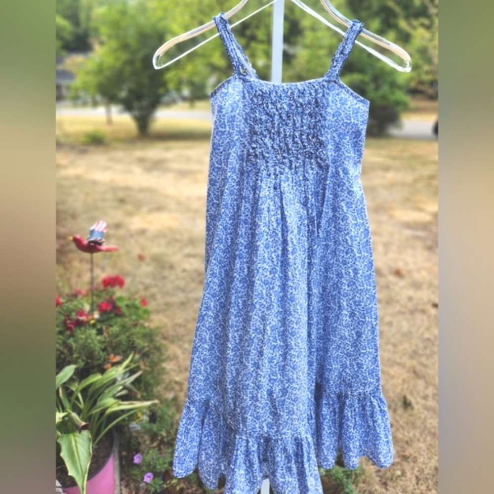 April Cornell Girls blue flower garden Ruffle straps maxi sundress- sz 3/4